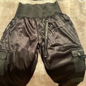 ✨Maniere De Voir black silk joggers with leather pockets✨